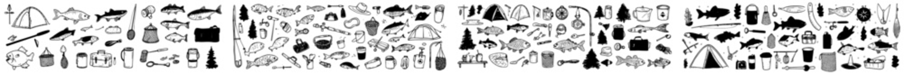 A set of hand-drawn fishing tools and accessories doodles. It includes camping worms, clothing, buckets, fishes, and a bonfire lamp, ideal for fishing and nature hobbies on a transparent background