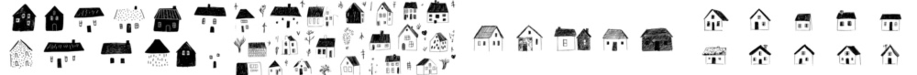 Buildings and houses doodle set. Collection of hand-drawn various facades of buildings and houses for family accommodation isolated on a transparent background