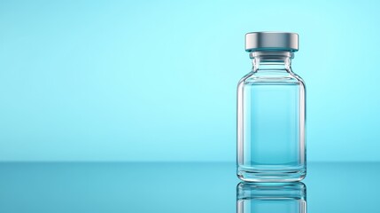 Clear Glass Vial on Blue Background - A single, empty, clear glass vial with a silver cap sits on a reflective blue surface. Perfect for medical or pharmaceutical concepts