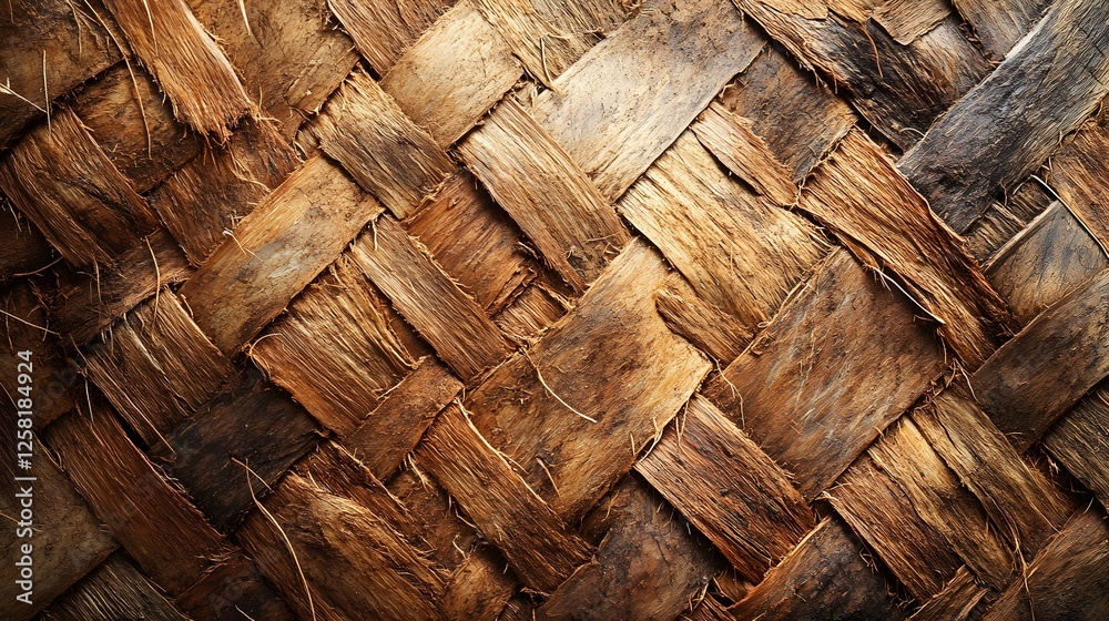 Poster close-up view of a rustic woven texture, showcasing intricate details and rich brown tones. perfect 