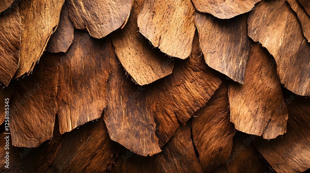 Aufkleber Close-up view of overlapping brown wooden flakes creating a unique texture. Macro Texture Backgrounds. Fibrous coconut husk detail. Intricate Texture of Brown Wooden Flakes