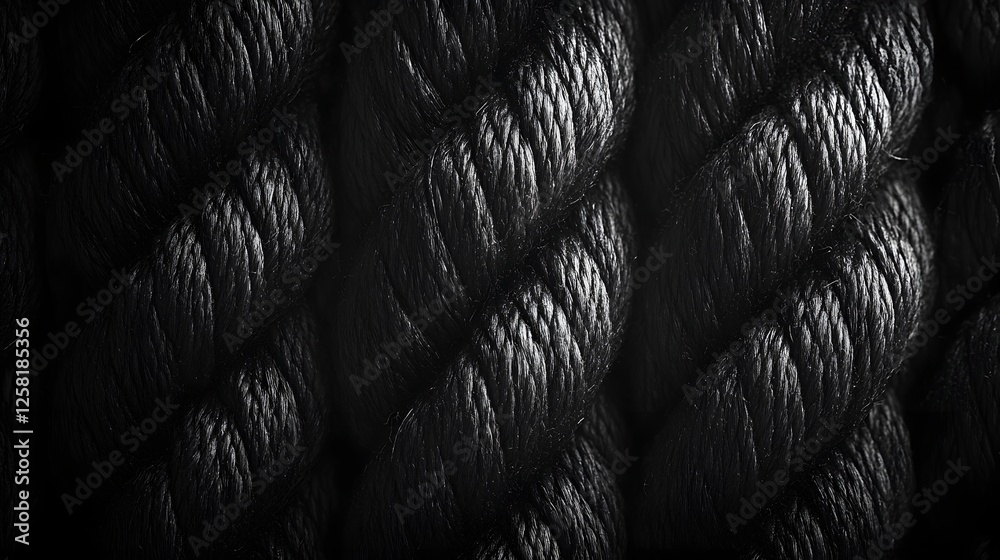 Poster close-up view of a tightly woven black rope, showing intricate details and textures. macro texture b