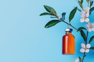 Natural Botanical Serum in Glass Vial Hanging from Blooming Branch