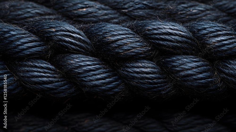 Poster Close-up view of a dark blue rope, showcasing its intricate texture and braided pattern. Macro photography highlights the details of the fibers. Macro Texture Backgrounds. Intricate Fibrous Rope