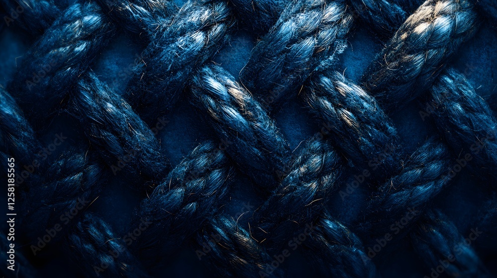 Poster close-up shot of dark blue intertwined ropes. intricate texture and deep color. macro texture backgr