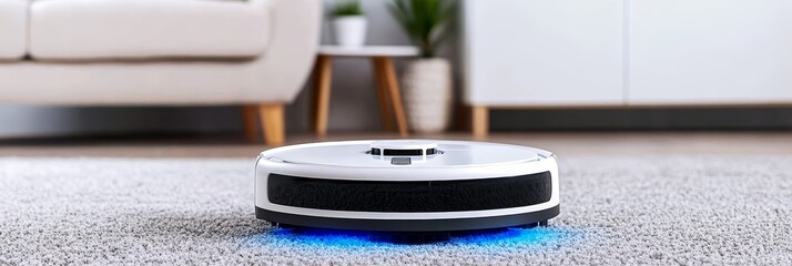 Robotic Vacuum Cleaner Cleaning Carpet at Home - Smart home cleaning, allergen removal, efficient technology, automated cleaning