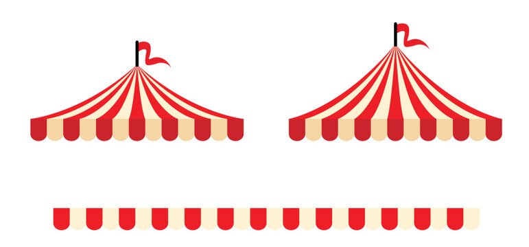 Red circus tent with flags. Awning, canopy and flag sign. Carnival tent. Striped canopy shop. Outdoor sunshade. Attraction with fun show, artists, tame animals performing in a circus theater.  