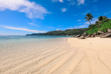 Stunning beach view in Seychelles with clear water and lush green landscape