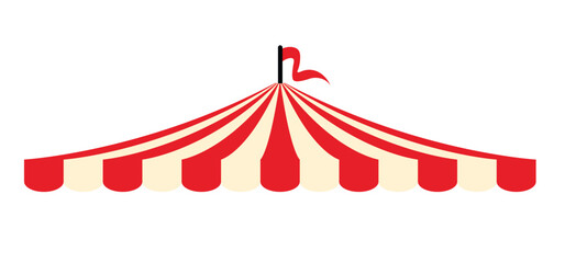 Red circus tent with flags. Awning, canopy and flag sign. Carnival tent. Striped canopy shop. Outdoor sunshade. Attraction with fun show, artists, tame animals performing in a circus theater.   © MarkRademaker