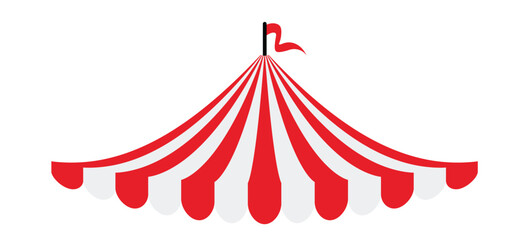 Red circus tent with flags. Awning, canopy and flag sign. Carnival tent. Striped canopy shop. Outdoor sunshade. Attraction with fun show, artists, tame animals performing in a circus theater.   © MarkRademaker