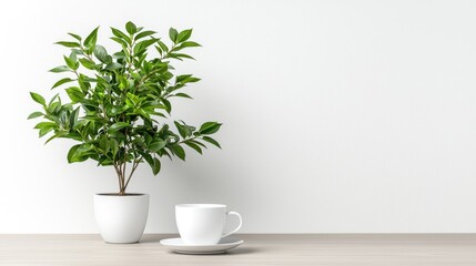 Simple plant and coffee cup on light background