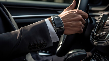 Close-up of a businessman’s hand gripping the steering wheel of a luxury car, symbolizing success and wealth