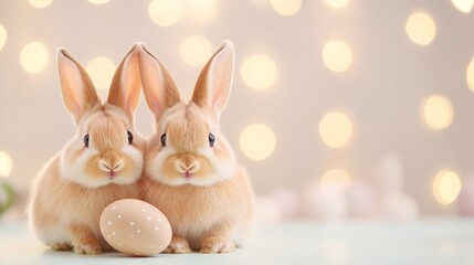Adorable fluffy rabbits celebrating Easter with a pastel egg and soft bokeh lights