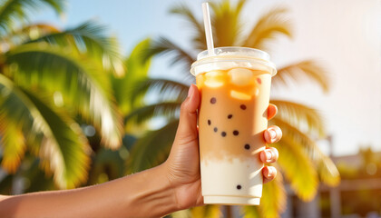 Hand holding a refreshing bubble tea drink against a tropical palm backdrop for lifestyle blogs, summer-themed designs, social media, and beverage-related content