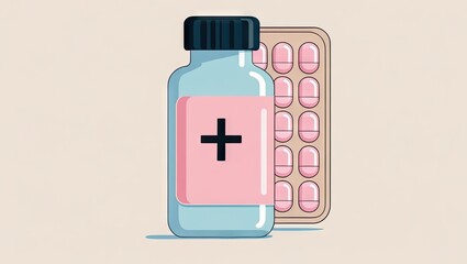 Obraz premium Pill Bottle and Blister Pack Illustration Healthcare and Medicine Concept