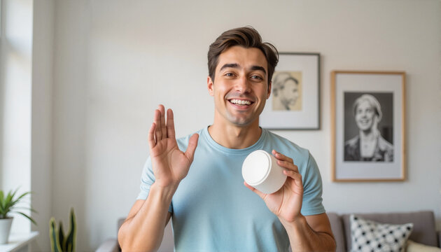 Smiling man holding skincare product indoors for wellness blogs, beauty websites, marketing materials, personal grooming presentations, and lifestyle social media content