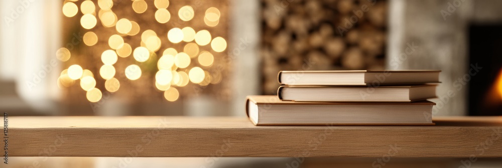 Leinwandbilder Rustic wooden shelf displaying stacked books in a cozy setting with blurred warm lights in the background. Generative AI