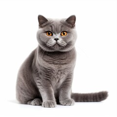 Obraz premium Grey british shorthair cat resting elegantly on pristine white backdrop, highlighting plush fur and striking orange amber gaze