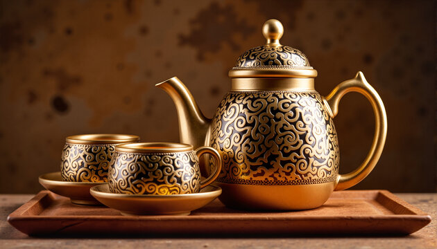 Decorative golden teapot and cups on a wooden tray for blogs, websites, culinary articles, tea-themed designs, stationery, invitations, and cultural presentations