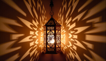 Delicate lantern casting intricate shadows on a wall for blogs, websites, home decor designs, cultural education, event decor inspiration, and artistic presentations