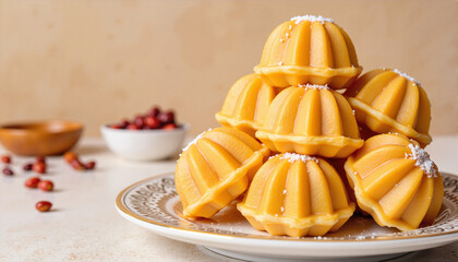 Stack of colorful jelly desserts with coconut flakes on a decorative plate for blogs, websites, food-themed designs, culinary presentations, recipe sites, and festive occasion promotions