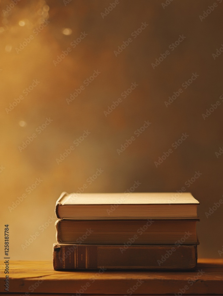 Aufkleber Books arranged on a rustic wooden shelf inviting a sense of calm and reflection in a warm and cozy setting. Generative AI