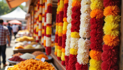 Colorful flower garlands at a vibrant market for blogs, websites, cultural event promotions, greeting cards, stationery design, and celebrations showcasing tradition and festivities