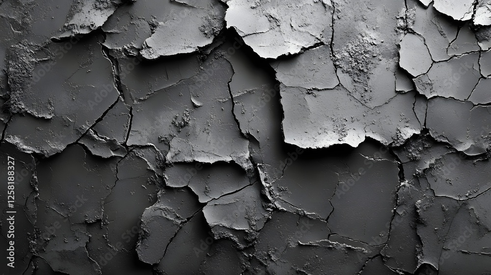 Poster a close-up shot of a cracked black surface. the texture is rough and abstract, creating a monochroma