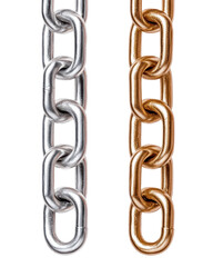 Obraz premium Metallic chains in silver and bronze colors linked together on a white background for industrial design use