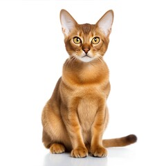 Fototapeta premium Ruddy abyssinian purebred feline perching elegantly, showcasing sleek copper colored coat and alert gaze against pristine studio backdrop