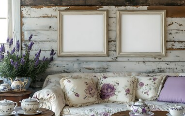 Lavender, tea, sofa, frames, rustic wall, home decor