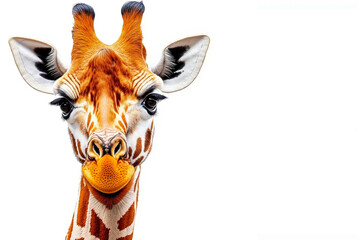 A close up of a giraffe's face with a white background