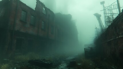 Fototapeta premium Foggy Alleyway Amidst Ruined Brick Buildings
