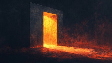 Intense orange light radiates from mysterious doorway casting warm glow on dark stone floor.. AI Generated