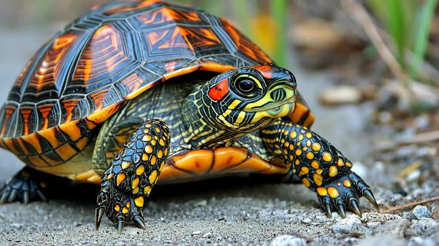 Colorful tortoise crawling on a rocky path near vegetation in bright sunlight showcasing its vibrant shell patterns