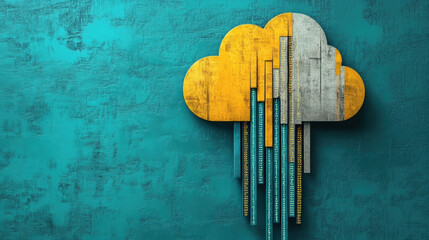 Digital cloud, 3D cloud model featuring cascading binary code in high fidelity resolution.