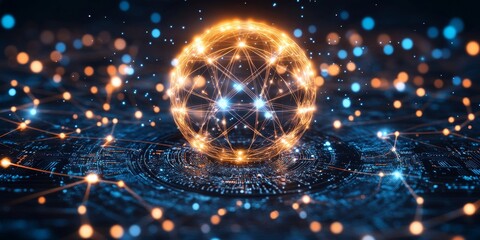 Glowing Globe With Network Connection On Futuristic Circuit Board, Digital Technology Illustration