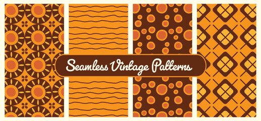 Vintage brown and warm orange seamless vector patterns including checkered pattern for clothing and flower, bubble and stripe patterns for stationary