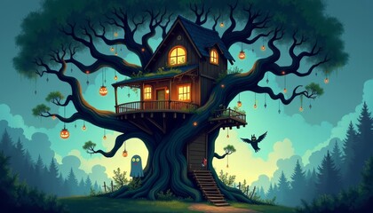 Enchanted Treehouse in a Mystical Halloween Forest Scene