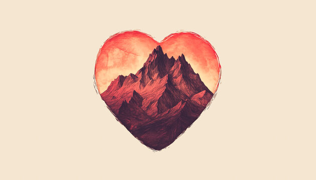 Dramatic mountain range encased in a heart shape
