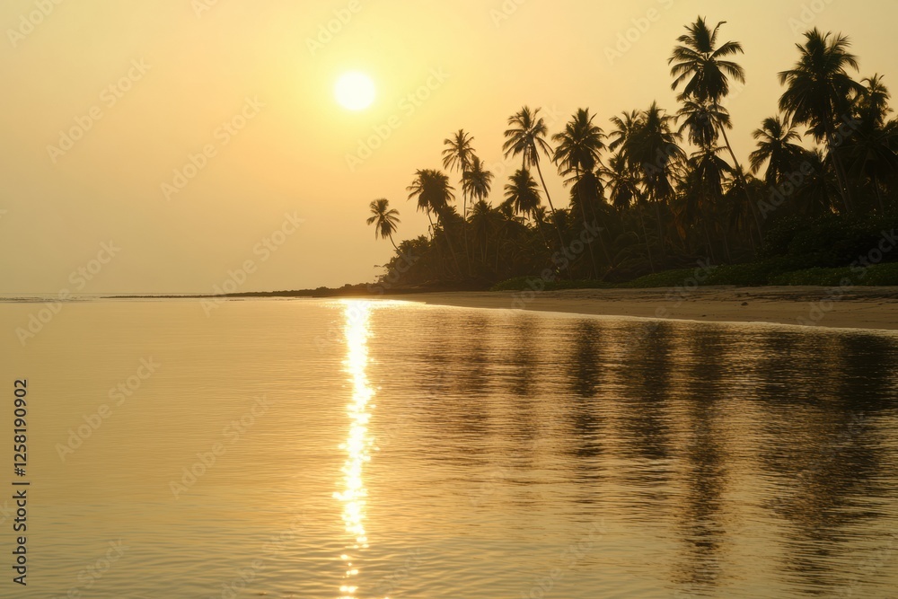 Poster golden sunset creates a tranquil reflection on calm ocean water lined with palm trees by the beach. 