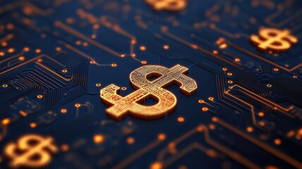 financial benefits income solutions concept. Digital illustration of golden dollar symbols on a dark tech background.
