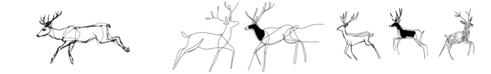 One continuous line drawing of a Christmas reindeer: a dynamic silhouette of a wild animal deer with antlers in a simple linear style