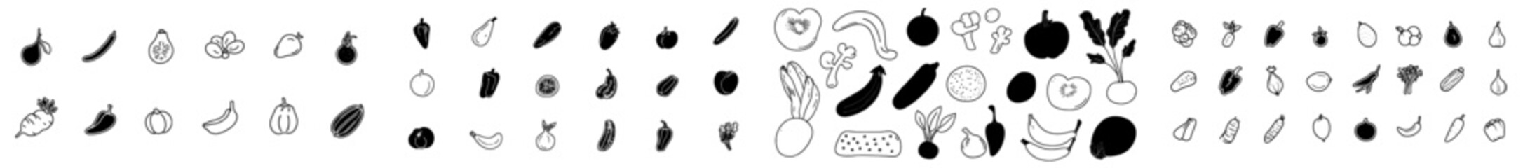 Outline vegetables and fruits collection. Hand-drawn doodle fruit and veggie icon set. Healthy food icons