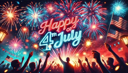 Festive 4th Of July Fireworks Celebration With Neon Text