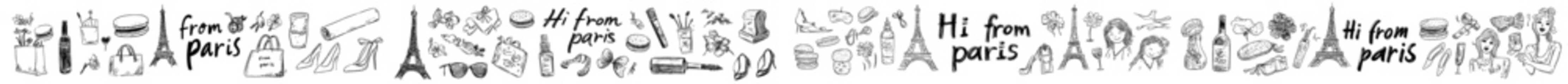 Paris doodle set, modern hand-drawn French food kit, coquettish girly croissant, baguette, macaroons