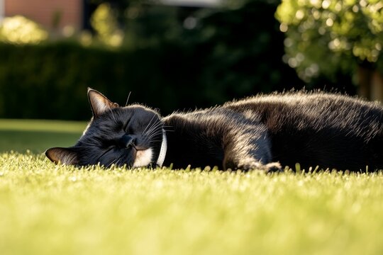 Black cat relaxing in the sun on green grass in a peaceful garden during a warm afternoon