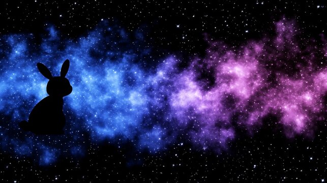 Rabbit Silhouette Floating in a Colorful Cosmic Nebula Galaxy of Blue and Purple Celestial Dust