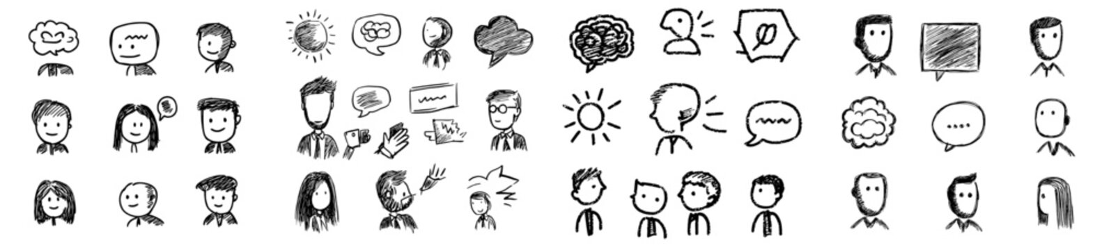 Icon set featuring a business team and communication elements with charts, networks, speech bubbles, figures, speech, and thinking, portrayed as hand-drawn modern doodles