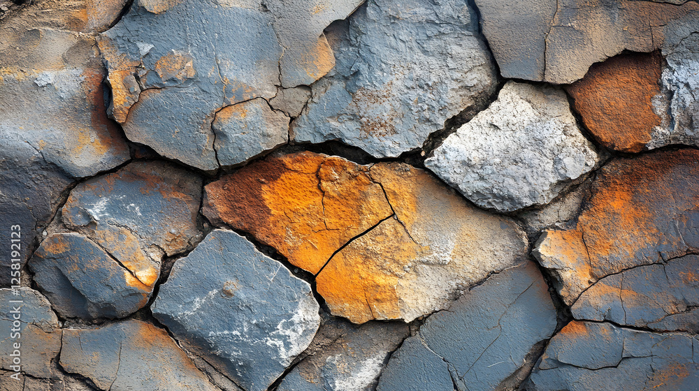Poster close-up of a rugged stone wall showcasing a captivating texture. varied colors and cracks create a 